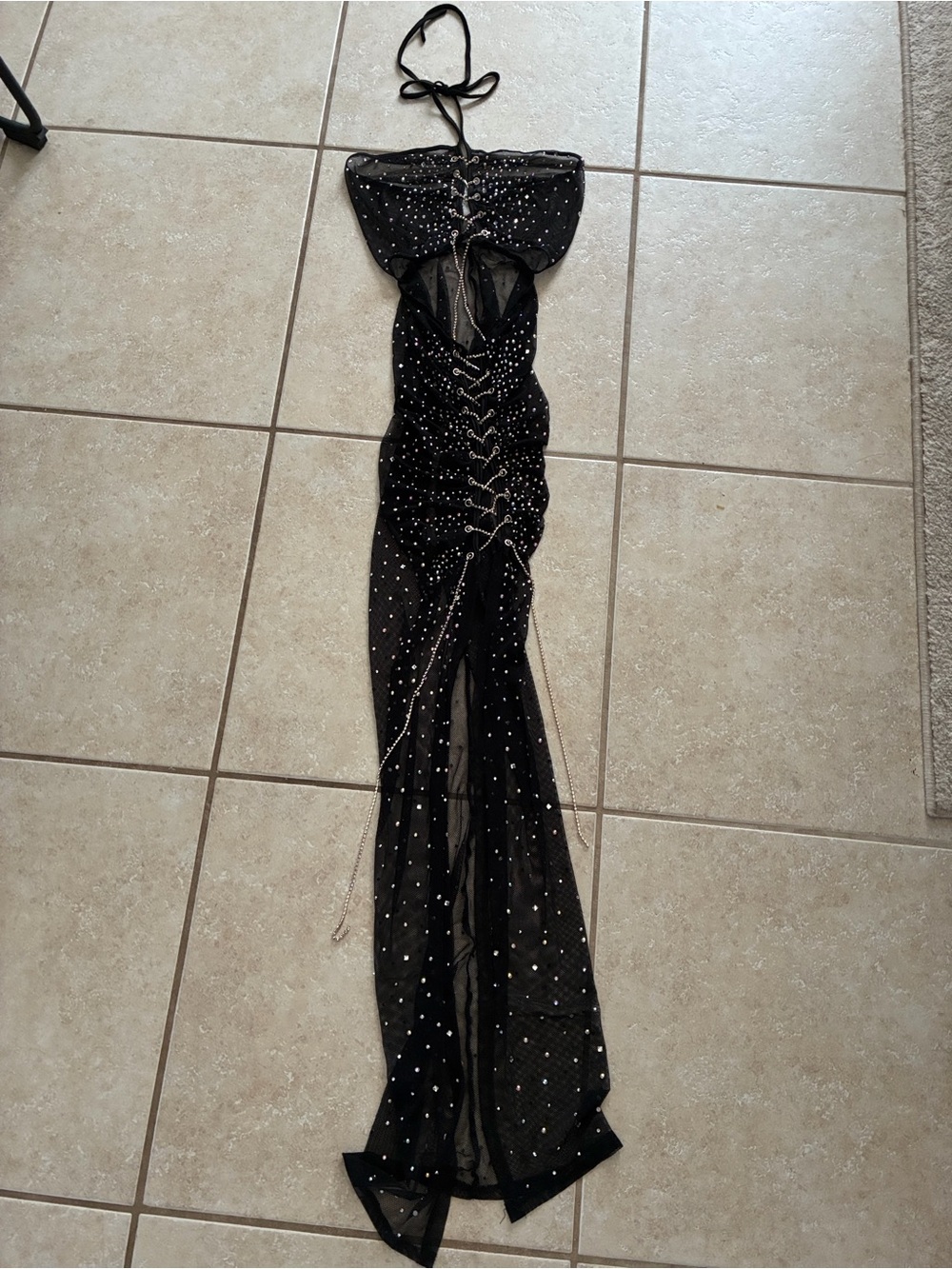 12th Tribe Black Rhinestone Halter Lace-Up Mesh Evening Dress